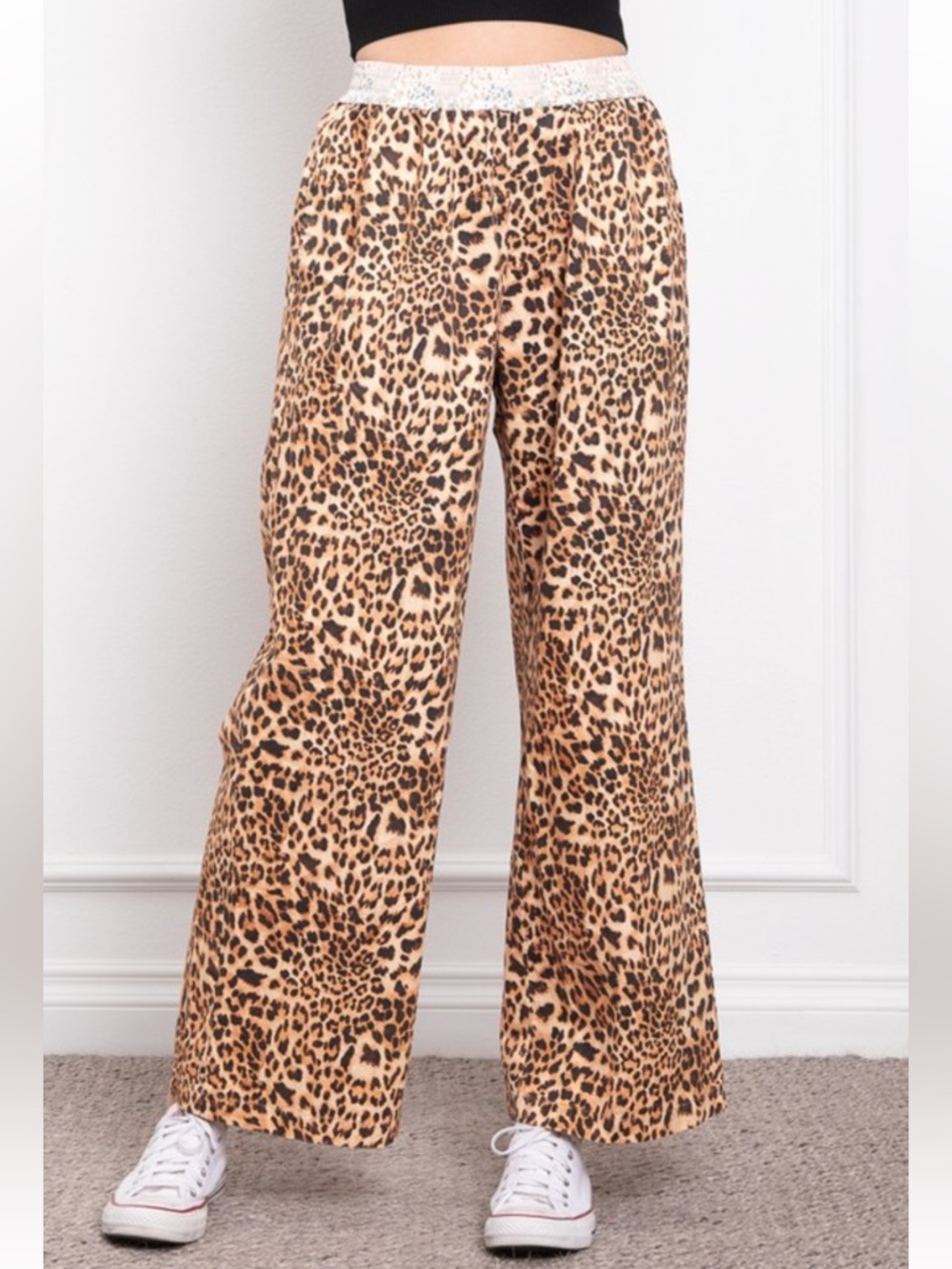 079. Leopard print pull on lounge wide leg pant in tan and brown